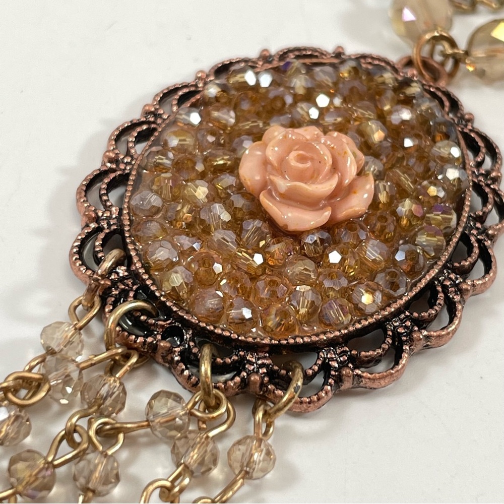 Stunning Vintage Gold Tone Blue White Crystal Glass Flower Tassel Necklace - Picture 3 of 8
